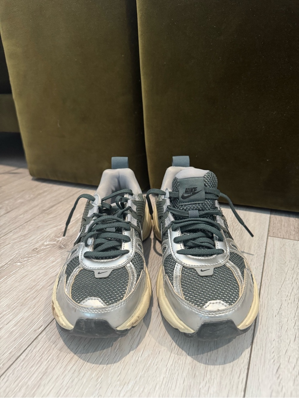 Nike Olive Green and Silver Retro Sneakers